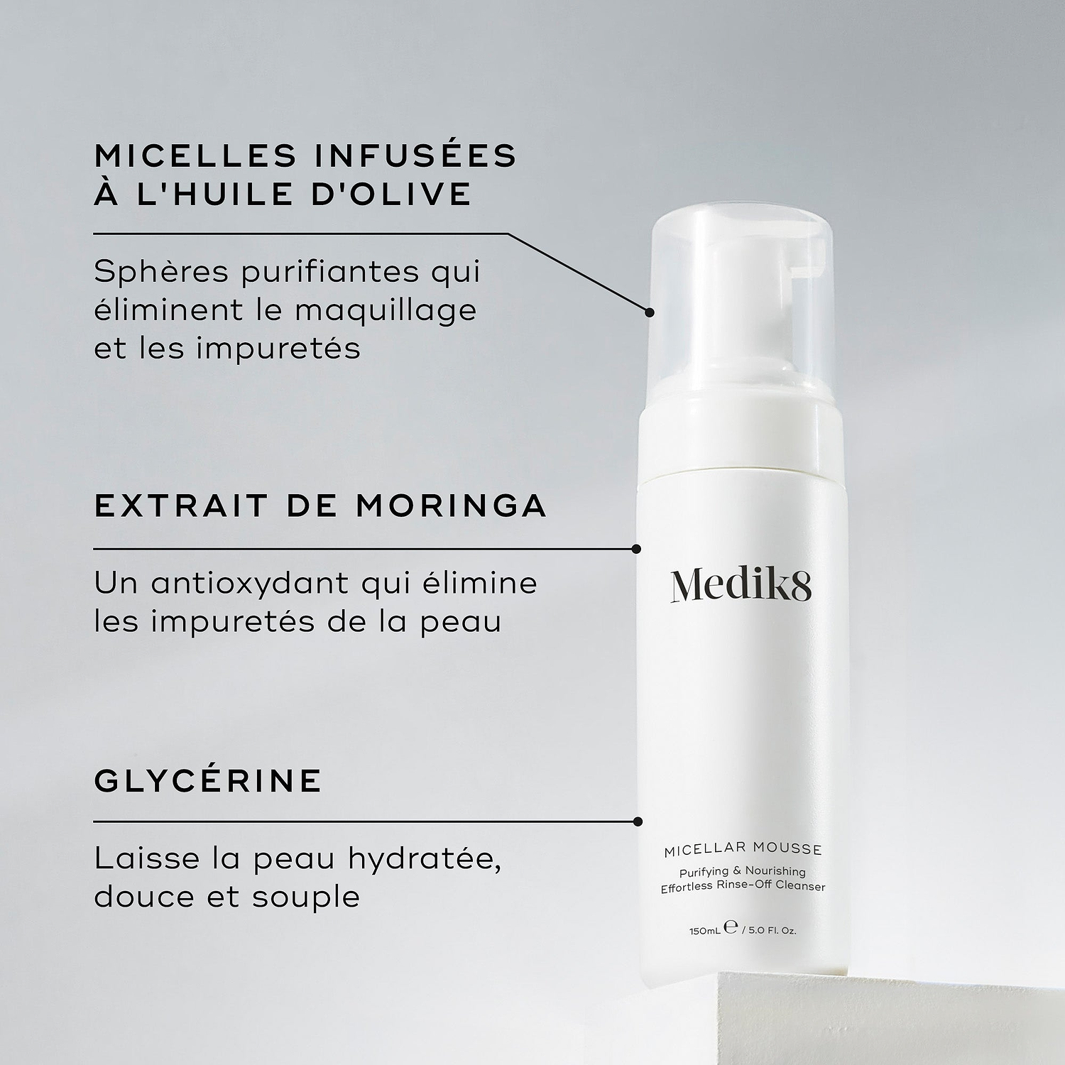 Un flacon de Medik8 Micellar Mousse présenté sur un bloc blanc. Des lignes relient le flacon à un texte expliquant les principaux ingrédients : des micelles infusées à l’huile d’olive pour démaquiller, de l’extrait de moringa pour éliminer les impuretés, et de la glycérine pour hydrater.