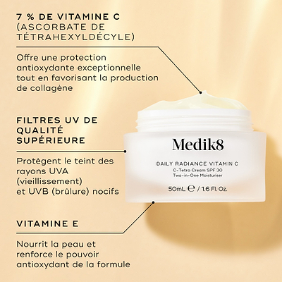 Pot en verre ouvert de Medik8 Daily Radiance Vitamin C présenté sur un fond doré chaud avec des indications d’ingrédients. Le texte met en avant 7 % de vitamine C (Tetrahexyldécyl ascorbate) pour une protection antioxydante et un soutien du collagène, des filtres UV premium pour une protection UVA et UVB, ainsi que la vitamine E pour nourrir la peau et renforcer le pouvoir antioxydant.
