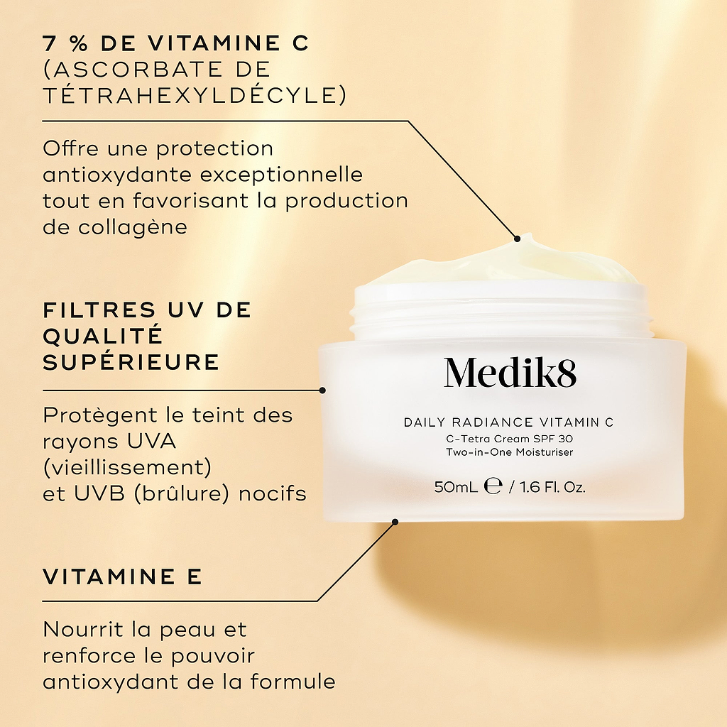 Pot en verre ouvert de Medik8 Daily Radiance Vitamin C présenté sur un fond doré chaud avec des indications d’ingrédients. Le texte met en avant 7 % de vitamine C (Tetrahexyldécyl ascorbate) pour une protection antioxydante et un soutien du collagène, des filtres UV premium pour une protection UVA et UVB, ainsi que la vitamine E pour nourrir la peau et renforcer le pouvoir antioxydant.