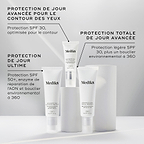 Les produits de protection avancée pour la journée sont présentés avec leurs descriptions. Advanced Day Eye Protect (SPF 30) est mis en avant pour le contour des yeux, Advanced Day Ultimate Protect (SPF 50+) offre une réparation de l’ADN et une protection contre les agressions environnementales, et Advanced Day Total Protect (SPF 30 léger) fournit une protection environnementale à 360°.