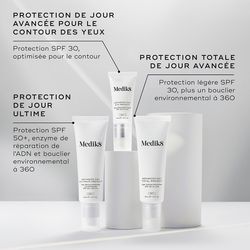 Produits de soin Medik8 avec texte sur un fond gris.