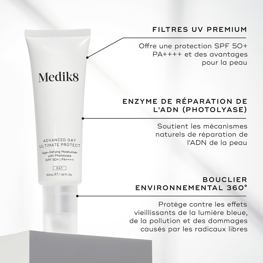 Un tube blanc d’Advanced Day Ultimate Protect est présenté. Des encadrés de texte mettent en avant les ingrédients clés : FILTRES UV PREMIUM, ENZYME DE RÉPARATION DE L’ADN et PROTECTION ENVIRONNEMENTALE À 360°.