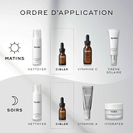 Un diagramme « HOW TO LAYER » pour les routines de soins. La routine du matin inclut Nettoyer (Calmwise Soothing Cleanser), Cibler (Calmwise Serum), Vitamine C (C-Tetra) et Écran solaire (Advanced Day Ultimate Protect). La routine du soir comprend Nettoyer (Calmwise Soothing Cleanser), Cibler (Calmwise Serum), Vitamine A (Crystal Retinal) et Hydrater (Advanced Night Restore).