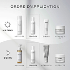 Un graphique  How to Layer  montre les routines AM et PM. Le Daily Refresh Balancing Toner est présenté comme l’étape  Tone , appliqué après le nettoyage et avant les sérums ciblés. 