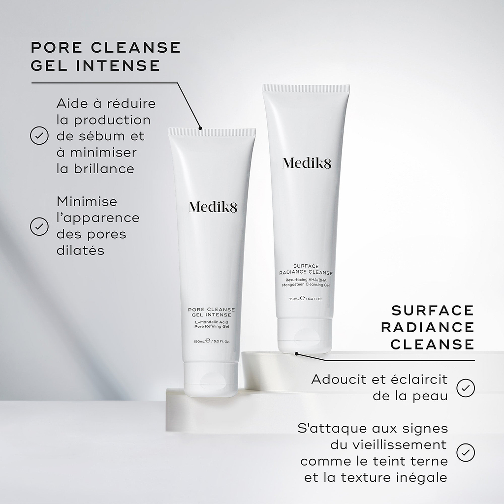 Le tube Pore Cleanse Gel Intense est placé à côté d’un tube de Surface Radiance Cleanse. Le texte souligne que le gel minimise la brillance et les pores, tandis que le nettoyant lisse la peau et lutte contre les signes de vieillissement.