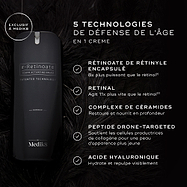 Flacon de crème Medik8 r-Retinoate Intense sur un fond sombre avec effet plume. Le texte met en avant 5 technologies anti-âge : Rétinyl Retinoate encapsulé, Rétinal, Complexe de céramides, Peptide ciblé par drone et Acide hyaluronique