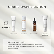 Un guide How to Layer AM présente Medik8 Advanced Day Total Protect comme dernière étape 'Écran solaire'. La routine commence par Surface Radiance Cleanse (Nettoyer), suivie de Press & Glow (Tonique) et C-Tetra Luxe (Vitamine C). Une zone de texte fournit un conseil d'expert : pour une protection UV optimisée autour des yeux, ajouter Advanced Day Eye Protect à cette routine