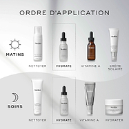 Une infographie intitulée « Ordre d'application » montre une routine étape par étape Medik8 pour AM et PM sur un fond propre gris et blanc. Des icônes soleil et lune indiquent le moment d’utilisation. La bouteille Medik8 Hydr8 B5 est mise en évidence dans des encadrés pointillés sous l’étape « HYDRATE » pour les deux routines. Les autres étapes comprennent «NETTOYER», « VITAMIN CA», «CREME SOLAIRE», « VITAMIN A » et «HYDRATER».