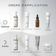 Un graphique  How to Layer  montre les routines AM et PM. Le Lipid-Balance Cleansing Oil est présenté comme la première étape de nettoyage, avant un second nettoyant, les sérums et l’hydratant