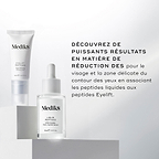 Un flacon compte-gouttes en verre transparent de sérum Liquid Peptides et un tube d’Eyelift Peptides sont présentés. Le texte indique DÉCOUVREZ DE PUISSANTS RÉSULTATS RÉDUCTEURS DE RIDES pour le visage et la zone délicate du contour des yeux en associant Liquid Peptides à Eyelift Peptides.