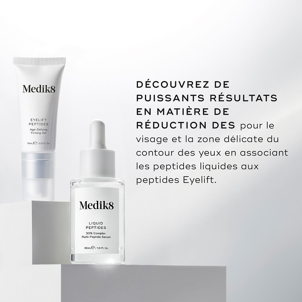 Un flacon compte-gouttes en verre transparent de sérum Liquid Peptides et un tube d’Eyelift Peptides sont présentés. Le texte indique DÉCOUVREZ DE PUISSANTS RÉSULTATS RÉDUCTEURS DE RIDES pour le visage et la zone délicate du contour des yeux en associant Liquid Peptides à Eyelift Peptides.