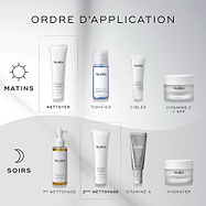 Un graphique  How to Layer  montre les routines AM et PM. Le Pore Cleanse Gel Intense est présenté comme l’étape  Nettoyage , avant le tonique, les sérums ciblés et l’hydratant.