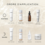 Une infographie intitulée « Ordre d'application» montre une routine Medik8 pour AM et PM sur un fond neutre texturé façon eau. Des icônes soleil et lune indiquent le moment d’utilisation. La bouteille Medik8 Press & Glow est mise en évidence dans des encadrés pointillés sous l’étape « TONE » pour les deux routines. Les autres étapes comprennent « CLEANSE », « VITAMIN C », « SUNSCREEN », « TARGET » et « MOISTURISE ».
