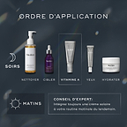 Une image de guide de superposition des produits Medik8. En haut, la routine 'SOIRS' est illustrée avec cinq produits et les étapes 'NETTOYER', 'CIBLER', 'VITAMINE A', 'YEUX' et 'HYDRATER'. En bas, la routine 'MATINS' est présentée avec un 'CONSEIL D'EXPERT' en français sur l'intégration d'une crème solaire.