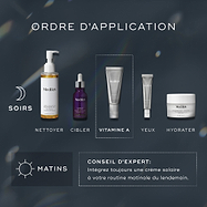 Une image de guide de superposition des produits Medik8. En haut, la routine 'SOIRS' est illustrée avec cinq produits et les étapes 'NETTOYER', 'CIBLER', 'VITAMINE A', 'YEUX' et 'HYDRATER'. En bas, la routine 'MATINS' est présentée avec un 'CONSEIL D'EXPERT' en français sur l'intégration d'une crème solaire.