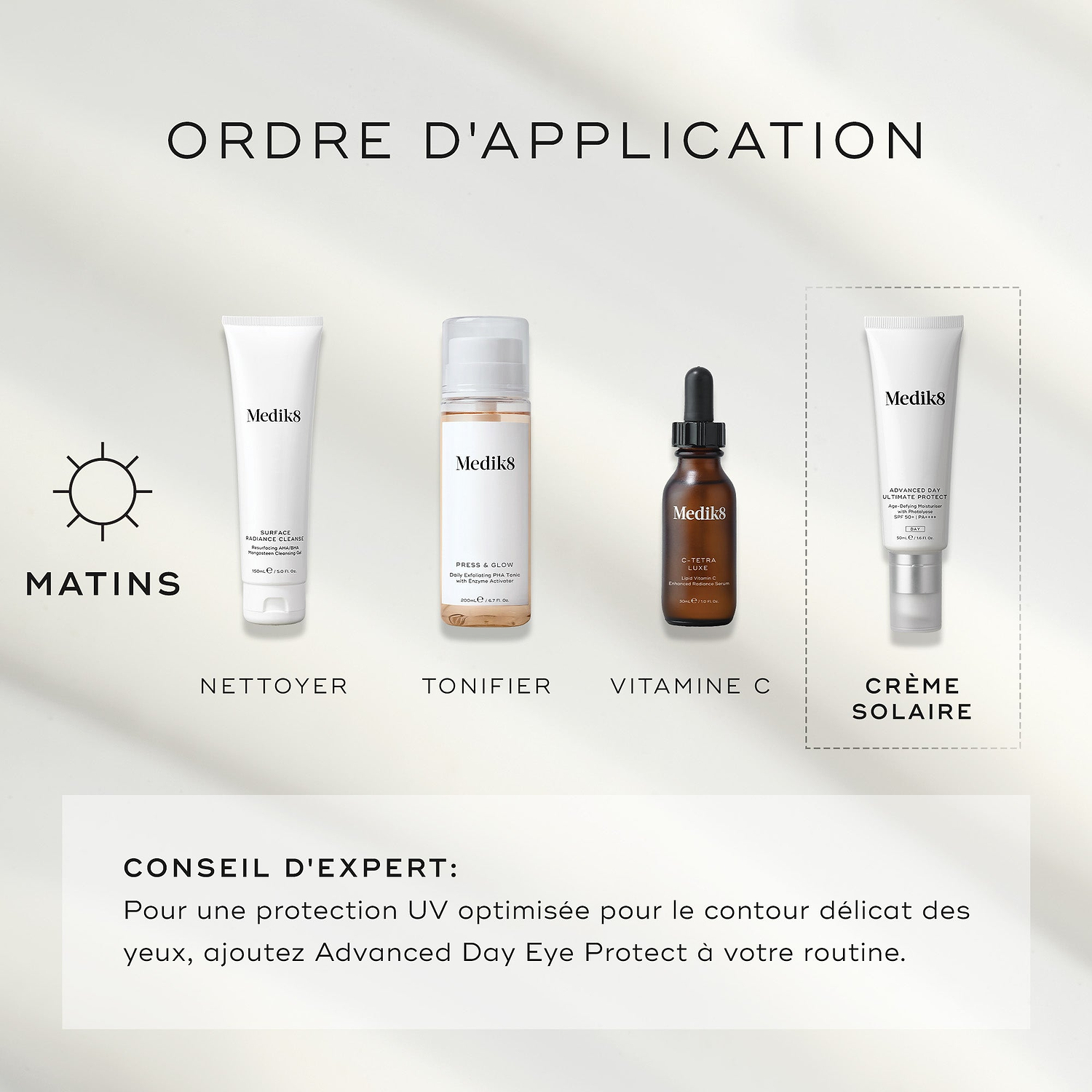 Un guide « Comment superposer » montrant Medik8 Surface Radiance Cleanse comme première étape pour les routines du matin et du soir. La routine du matin se poursuit avec Press & Glow (Tonique), C-Tetra Luxe (Vitamine C) et Advanced Day Ultimate Protect (Écran solaire). La routine du soir se poursuit avec Press & Clear (Tonique), Crystal Retinal (Vitamine A) et Advanced Night Restore (Hydratation).