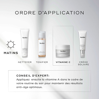 Un guide How to Layer Medik8 sur fond blanc avec des rayons de lumière douce. Une icône soleil AM indique une routine du matin en quatre étapes, la troisième étape étant mise en évidence dans un encadré en pointillés