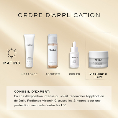 Un guide How to Layer AM présente Medik8 Daily Radiance Vitamin C comme dernière étape 'Vitamine C + SPF'. La routine commence par Surface Radiance Cleanse (Nettoyer), suivie de Press & Glow (Tonique) et Liquid Peptides (Cible). Conseil d'expert : en cas d'exposition solaire intense, réappliquer toutes les 2 heures pour une protection UV maximale