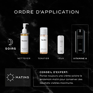Infographie intitulée HOW TO LAYER montrant une routine PM : Medik8 Lipid-Balance Cleansing Oil pour le nettoyage, Press & Glow pour le tonique, r-Retinoate Eye pour les yeux et r-Retinoate Intense pour la vitamine A. Conseil d’expert : toujours appliquer un écran solaire le lendemain matin