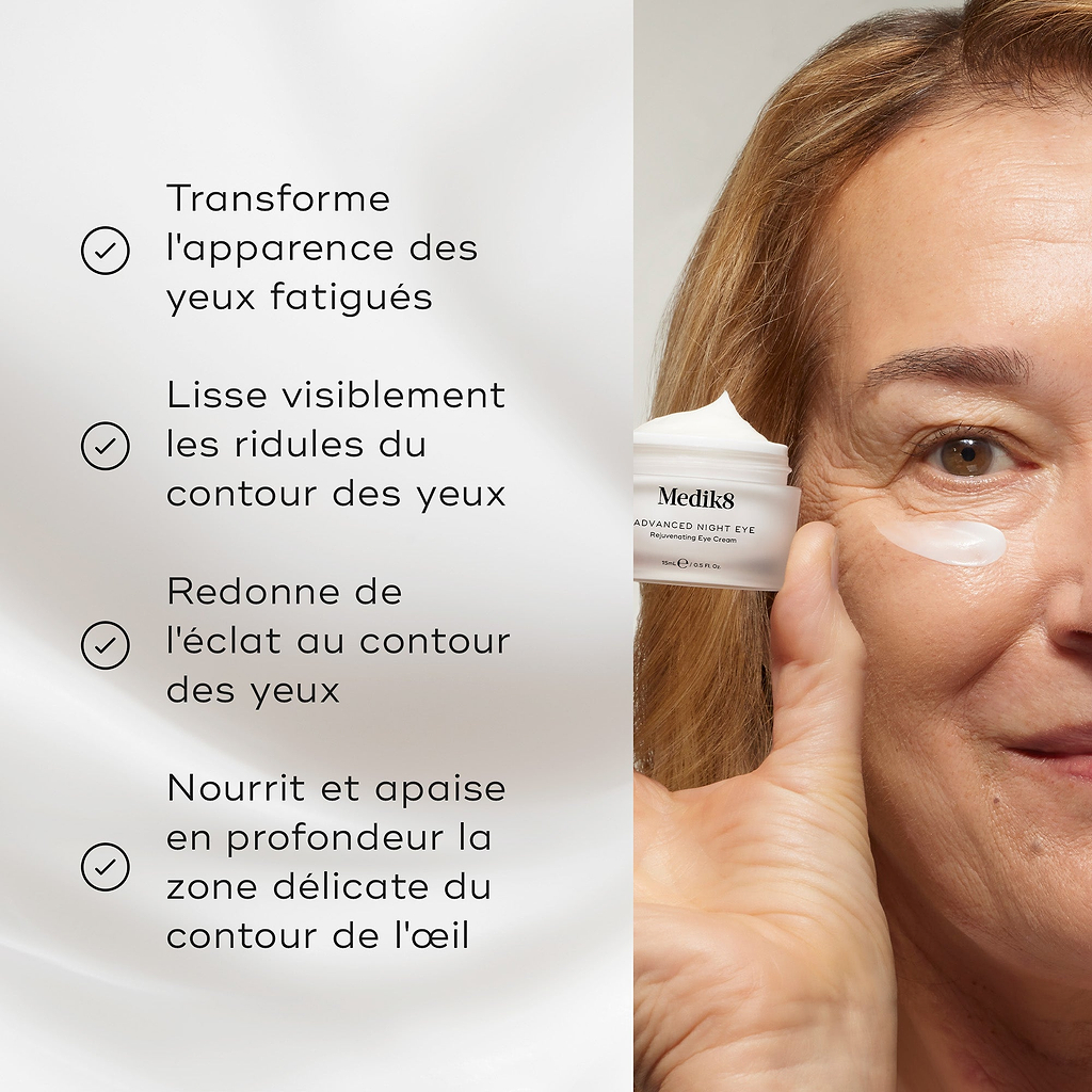 Une liste des bénéfices apparaît à côté d’un modèle tenant le pot de crème Medik8 Advanced Night Eye. Le texte indique que la crème transforme les yeux fatigués, lisse les ridules, illumine et nourrit en profondeur le contour délicat des yeux.