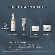 Un graphique  How to Layer  montre une routine PM. Advanced Night Eye est présenté comme l’étape  Yeux , après le nettoyage et la vitamine A, et avant l’hydratant.