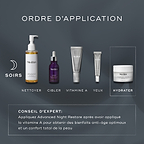 Une infographie intitulée How To Layer présente une routine de soins PM sur un fond sombre. Elle affiche les produits Medik8 pour le nettoyage, le ciblage, la vitamine A, le soin des yeux et l’hydratation avec Advanced Night Restore, incluant des conseils d’experts sur l’ordre d’application.