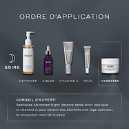 Une infographie intitulée How To Layer présente une routine de soins PM sur un fond sombre. Elle affiche les produits Medik8 pour le nettoyage, le ciblage, la vitamine A, le soin des yeux et l’hydratation avec Advanced Night Restore, incluant des conseils d’experts sur l’ordre d’application.