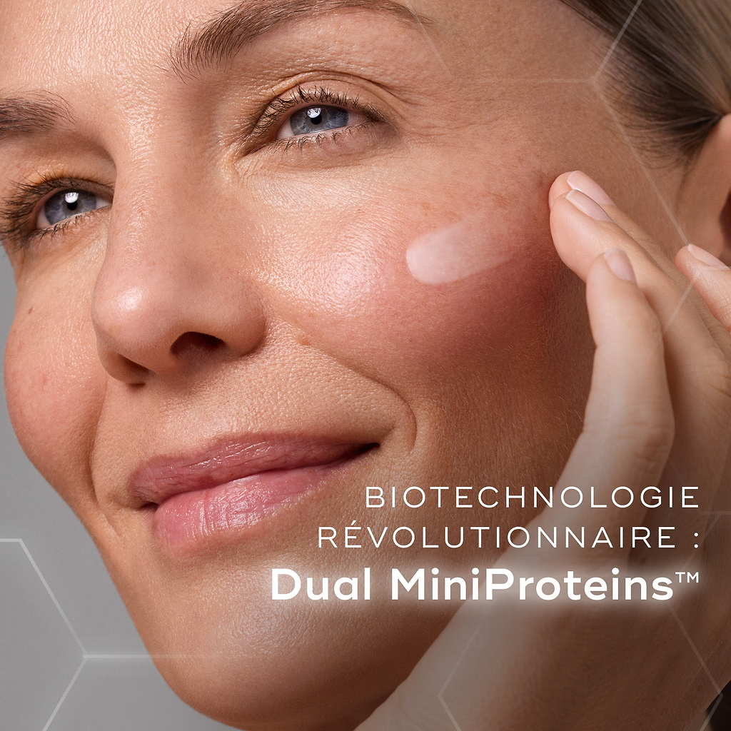Une femme est montrée en train d’appliquer le Liquid Peptides Advanced MP sur la joue. Un texte superposé à l’image met en avant TECHNOLOGIE BIOLOGIQUE RÉVOLUTIONNAIRE : Dual MiniProteins™.