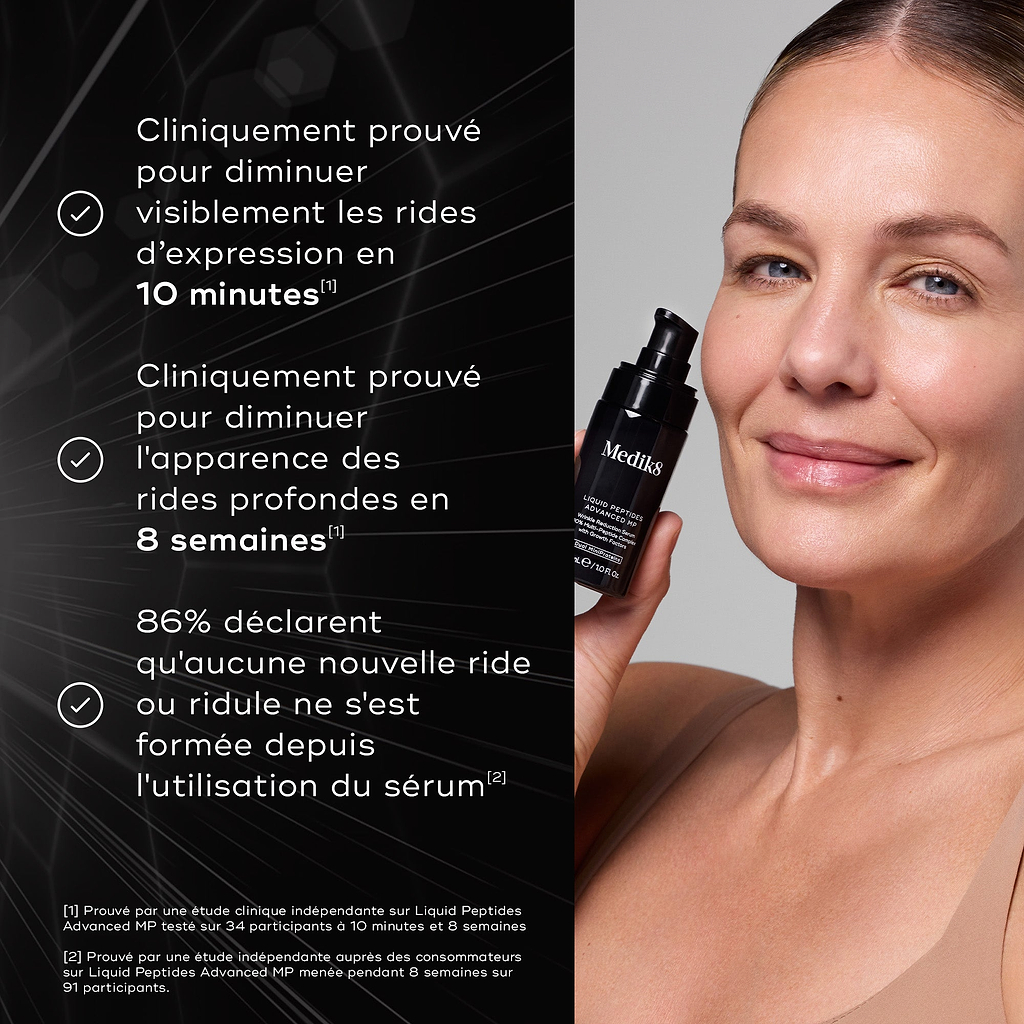 Une femme tient un flacon de Liquid Peptides Advanced MP. Il est cliniquement prouvé qu’il diminue visiblement les rides d’expression en 10 minutes, qu’il réduit l’apparence des rides profondes en 8 semaines, et 86 % des utilisateurs sont d’accord pour dire qu’aucune nouvelle ride ou ligne n’est apparue depuis l’utilisation du sérum. Les notes de bas de page citent des études cliniques et consommateurs indépendantes.
