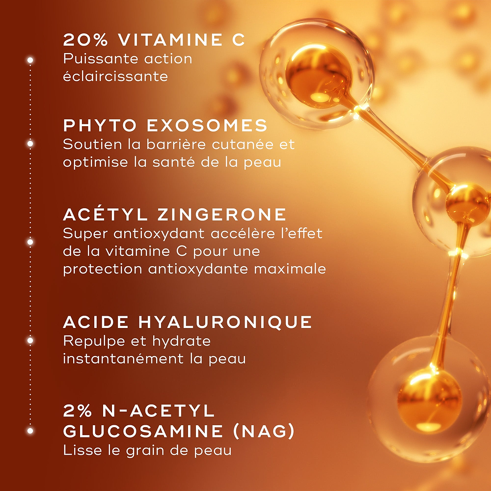 Représentation moléculaire des ingrédients clés de Medik8 C-Tetra Advanced, avec un texte mettant en avant 20 % de vitamine C, des phyto-exosomes, l’acétyl zingérone, l’acide hyaluronique et le N-acétylglucosamine (NAG) pour l’éclat, l’hydratation et le soutien de la barrière cutanée.