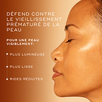 Gros plan d’une femme à la peau lumineuse et uniforme, avec un texte mettant en avant comment C-Tetra Advanced protège contre le vieillissement prématuré en améliorant l’éclat, les rides et la texture de la peau.