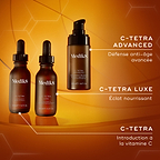 Gamme de sérums à la vitamine C Medik8, comprenant C-Tetra (vitamine C d’initiation), C-Tetra Luxe (éclat nourrissant) et C-Tetra Advanced (formule anti-âge), présentée sur un fond aux tons chauds.