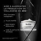 Un pot de crème Medik8 Advanced Pro-Collagen+ Peptide Cream sur fond noir avec des graphismes structurels abstraits. Le texte indique que le produit aide à augmenter la production de collagène de 45 % pour une peau visiblement plus ferme, des rides réduites et une élasticité accrue.