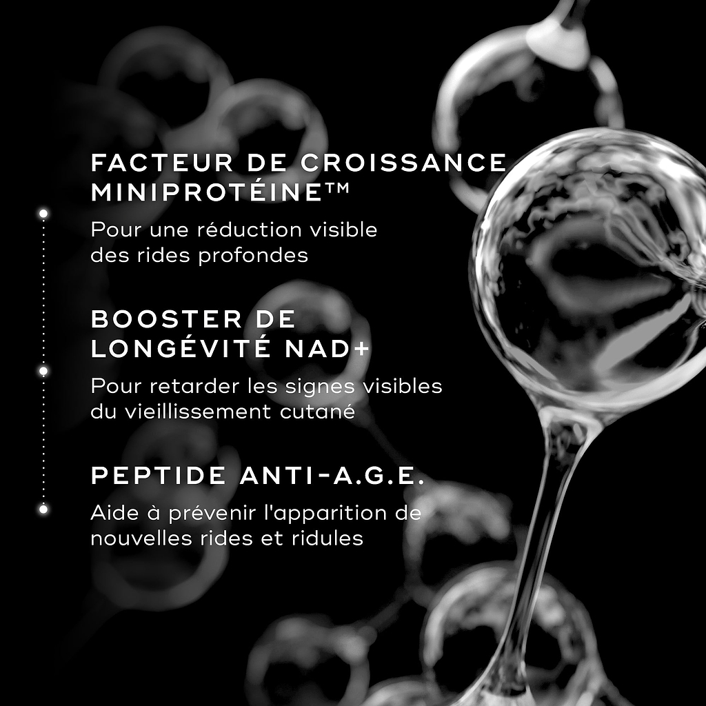Graphismes cellulaires abstraits sur fond noir mettant en avant les ingrédients clés de la Medik8 Advanced Pro-Collagen+ Peptide Cream. Le texte détaille les bienfaits du Growth Factor Miniprotein, du NAD+ Longevity Booster et du Peptide Anti-A.G.E. pour la réduction des rides.