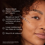  Un modèle au teint radieux est montré en gros plan, avec une liste des avantages cliniquement prouvés du Medik8 C-Tetra Luxe affichée à gauche : Donne à la peau un éclat sain après seulement 1 utilisation*, Réduit l’apparence des rides & de l’hyperpigmentation en 4 semaines*, Illumine visiblement & procure une nutrition profonde. Note en bas : résultats issus d’une étude clinique indépendante sur 36 participants menée sur 4 semaines