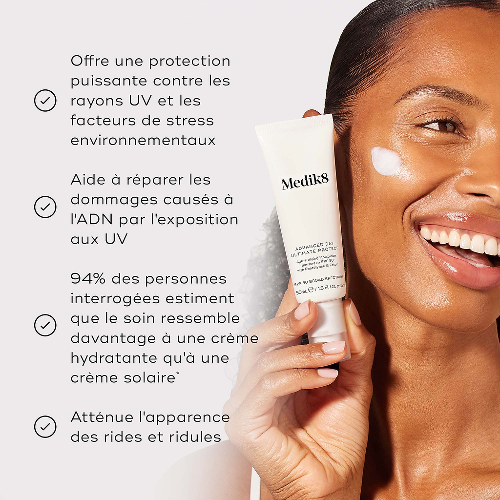 Le tube de crème Medik8 Advanced Day Ultimate Protect est tenu par un modèle souriant avec une touche de crème blanche sur la joue, sur un fond beige chaud. Le texte met en avant quatre bénéfices clés : une protection puissante contre les rayons UV et les agressions environnementales, la réparation des dommages à l’ADN après l’exposition aux UV, 94 % déclarent qu’elle procure la sensation d’une crème hydratante, et 100 % n’ont constaté aucun effet de peluchage ou de résidus.