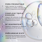 Graphique mettant en avant les composants clés du Medik8 Exo-PDRN Prismatic+, notamment le PDRN prismatique, le complexe triple exosome, la MiniProtéine de facteur de croissance et le précurseur d'ATP.