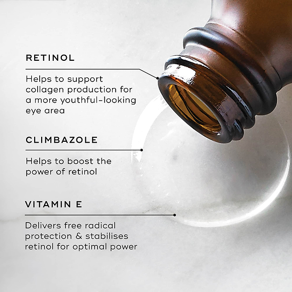 Close-up of an open amber glass bottle of Medik8 Intelligent Retinol Eye TR tipped on its side, dispensing a clear drop of serum onto a light textured surface. Lines point to the liquid, highlighting key ingredients: Retinol (helps support collagen production for a more youthful-looking eye area), Climbazole (helps boost the power of retinol), and Vitamin E (delivers free radical protection & stabilises retinol for optimal power).-hover-50