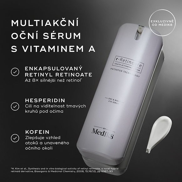 Bílá pumpičková lahvička r-Retinoate Day & Night Eye Serum je zobrazena spolu s textovými popisky zvýrazňujícími klíčové složky:
Zapouzdřený retinyl retinoát (Encapsulated Retinyl Retinoate)
Hesperidin
Kofein (Caffeine)
Poznámka pod čarou uvádí citaci pro tvrzení o retinolu.-hover-34