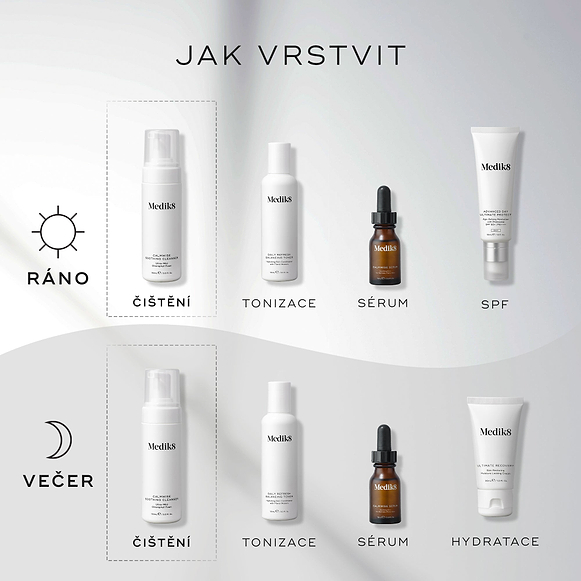 Infografika s názvem „Jak vrstvit péči o pleť“, která popisuje ranní a večerní rutinu péče o pleť. V ní je čisticí přípravek Medik8 Calmwise Soothing Cleanser uveden jako nezbytný krok „čištění“ jak ráno, tak večer.-hover-29