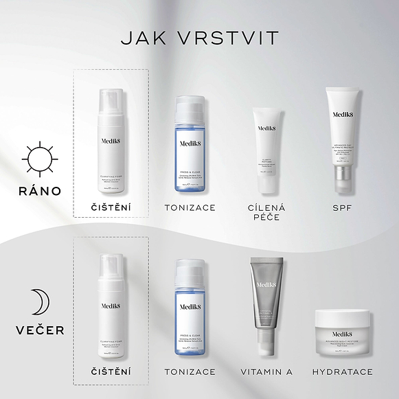 Průvodce „Jak vrstvit“ ukazuje Medik8 Clarifying Foam jako první krok pro ranní (AM) i večerní (PM) rutinu.
Ranní rutina (AM) pokračuje
Press & Clear (Tónování)
Clarity Peptides (Cílená péče)
Advanced Day Ultimate Protect (Ochrana proti slunci) Večerní rutina (PM) pokračuje:
Press & Clear (Tónování)
Crystal Retinal (Vitamín A)
Advanced Night Restore (Hydratace)-hover-28
