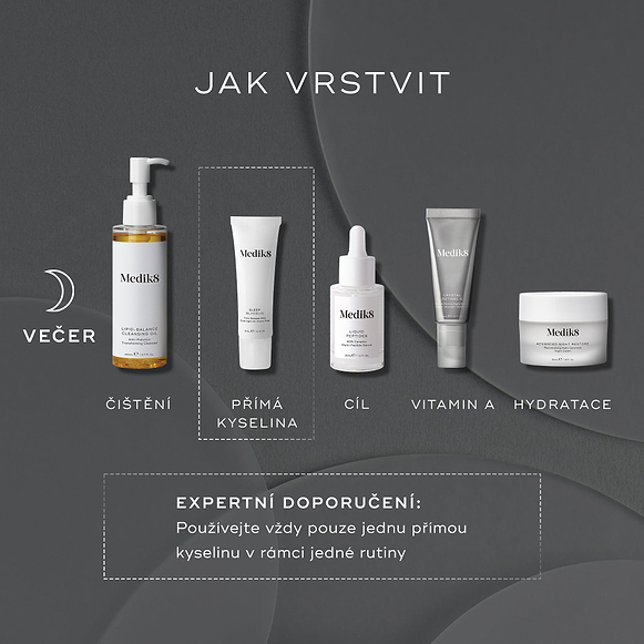 Tmavá, minimalistická noční grafika „JAK VRSTVIT“ s ikonou měsíce a rutinou PM. Produkty Medik8 jsou zobrazeny v pořadí s textem pod každým z nich:

„Čištění“ (Lipid-Balance Cleansing Oil)
„Přímá kyselina“ (Sleep Glycolic)
„Cílená péče“ (Liquid Peptides)
„Vitamín A“ (Crystal Retinal)
„Hydratace“ (Advanced Night Restore)

Přerušovaný rámeček zvýrazňuje krok „Přímá kyselina“.

Pod tím je uvedený popisek: „Odborná rada: v jedné rutině používejte pouze jednu přímou kyselinu.-hover-31