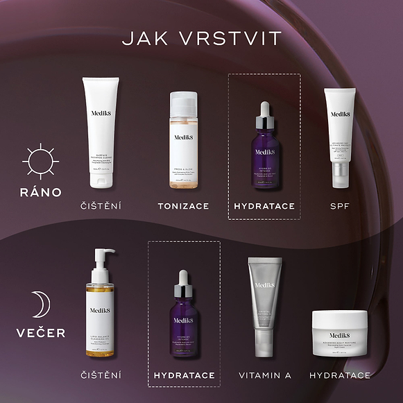 Průvodce „JAK VRSTVIT“ s produktem Medik8 Hydr8 B5 Intense jako krokem „Hydratace“ v ranní i večerní rutině.
Ranní rutina (AM):
Čištění (Surface Radiance Cleanse)
Tonizace (Press & Glow)
Hydratace (Hydr8 B5 Intense)
Ochrana proti slunci (Advanced Day Ultimate Protect)
Večerní rutina (PM):
Čištění (Lipid-Balance Cleansing Oil)
Hydratace (Hydr8 B5 Intense)
Vitamín A (Crystal Retinal)
Hydratace / výživa (Advanced Night Restore)-hover-9