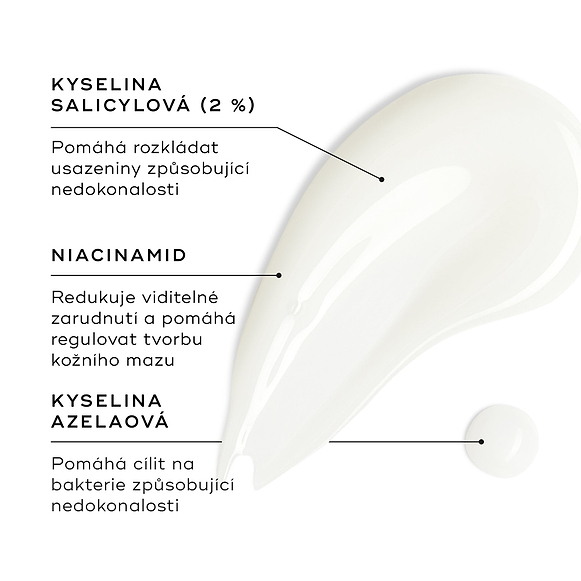 Vzorek Blemish SOS je zobrazen na bílém povrchu, vedle něj je malá kapka produktu. Textové popisky zvýrazňují klíčové složky:
Kyselina salicylová (2%) – pomáhá rozkládat usazeniny způsobující nedokonalosti
Niacinamid – snižuje viditelné zarudnutí a pomáhá regulovat tvorbu mazu
Kyselina azelaová – pomáhá cílit na bakterie způsobující nedokonalosti-hover-38
