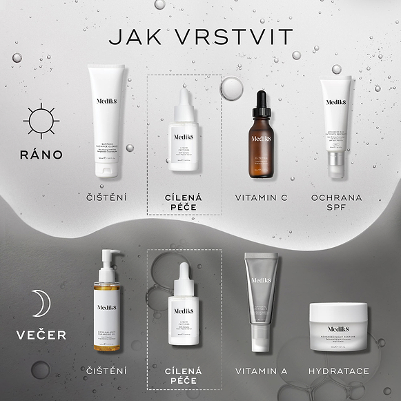 „Jak vrstvit“
Ranní (AM) rutina zahrnuje:
Čištění (Surface Radiance Cleanse), Cílená péče (Liquid Peptides), Vitamin C (C-Tetra) a Ochrana před sluncem (Advanced Day Total Protect).
Večerní (PM) rutina zahrnuje:
Čištění (Lipid-Balance Cleansing Oil), Cílená péče (Liquid Peptides), Vitamin A (Crystal Retinal) a Hydratace (Advanced Night Restore).-hover-19