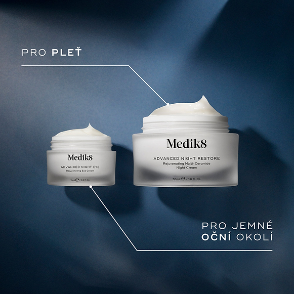 Srovnávací obrázek zobrazuje kelímek Medik8 Advanced Night Eye vedle většího kelímku Advanced Night Restore. Text označuje menší kelímek jako „Pro jemnou oblast očního okolí“ a větší kelímek jako „Pro obličej“.-hover-23