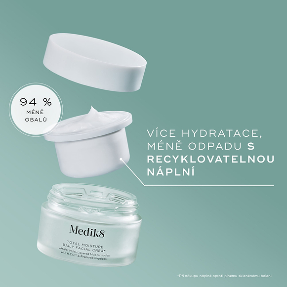 Rozložený pohled na balení denního pleťového krému Medik8 Total Moisture na pozadí v barvě tyrkysové. Je na něm vidět prázdná matná skleněná nádoba ve spodní části, nad ní bílá recyklovatelná náplň obsahující bílý krém a nahoře bílé víčko. Text zdůrazňuje: „VYUŽIJTE VÍCE VLHKOSTI A MÉNĚ ODPADU DÍKY RECYKLOVATELNÉ NÁPLNI“ a kruhový štítek uvádí: „O 94 % MÉNĚ OBALŮ“.-hover-14