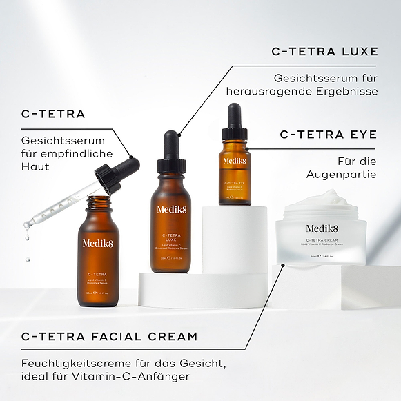 Die Medik8 C-Tetra Produktfamilie wird auf weißen Podesten präsentiert, einschließlich C-Tetra Gesichtsserum, C-Tetra Luxe Gesichtsserum, C-Tetra Eye Serumflasche und C-Tetra Cream Glas-hover-6