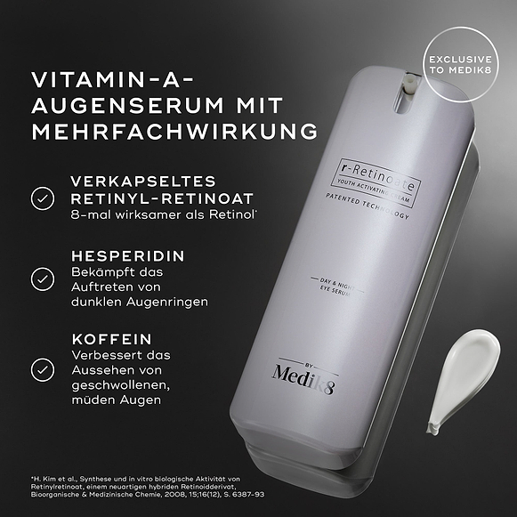 Eine weiße Pumpflasche mit r-Retinoate Day & Night Eye Serum ist abgebildet. Texthinweise heben die wichtigsten Inhaltsstoffe hervor: VERKAPSELTES RETINYLRETINOAT, HESPERIDIN und KOFFEIN. Eine Fußnote belegt die Retinol-Behauptung.-hover-5
