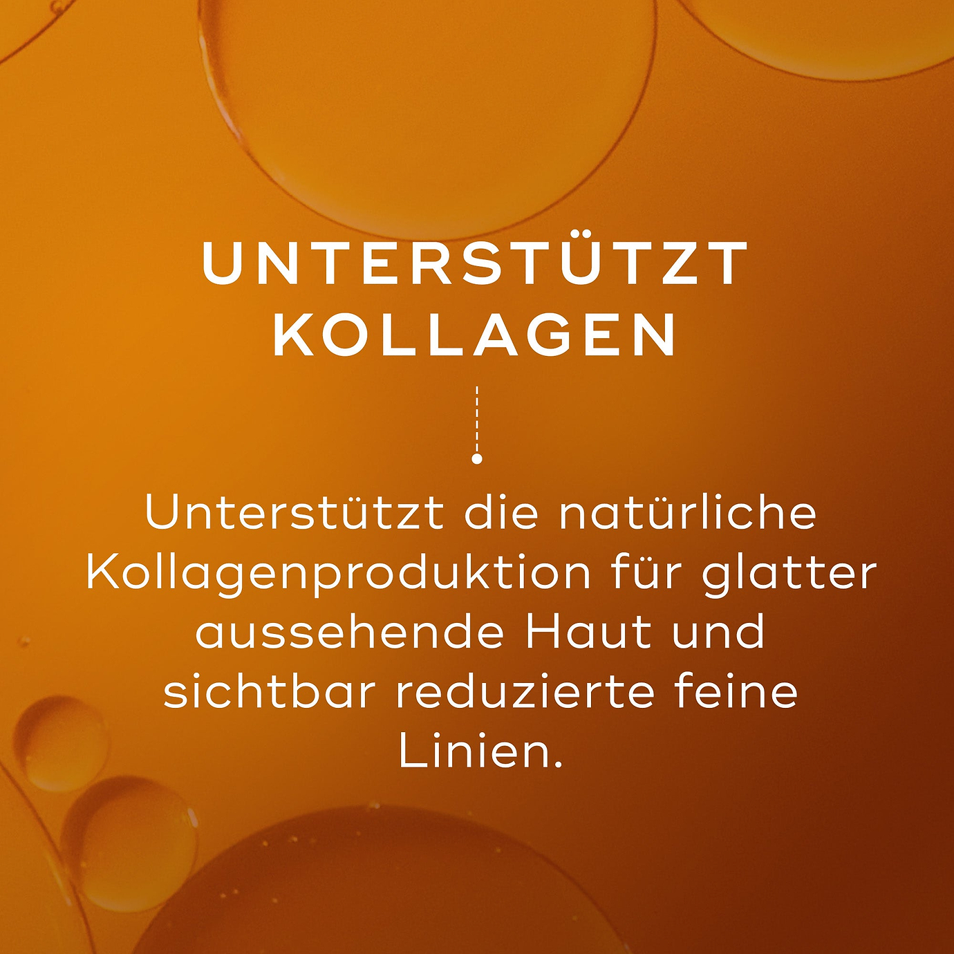 Grafische Darstellung auf warmem Hintergrund mit schwebenden Gold-Tropfen. Der Text lautet: 
